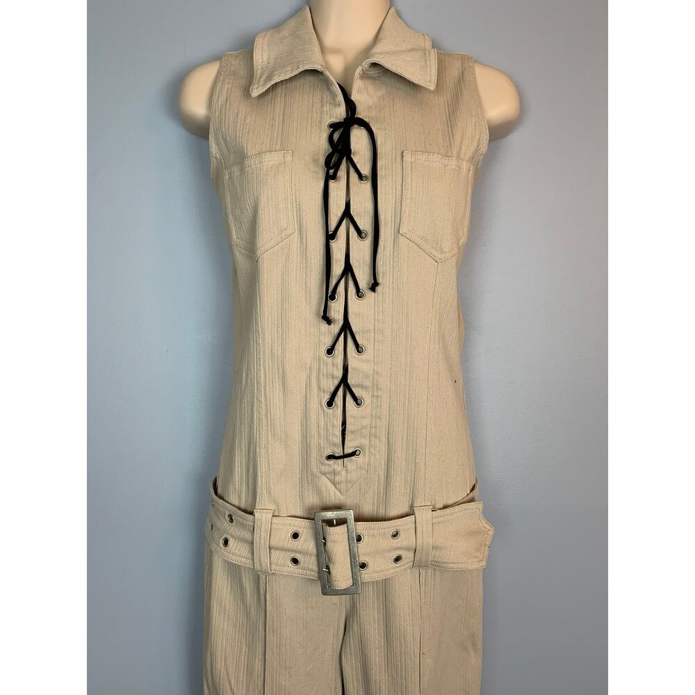Vintage Beige 90s / Y2K Stretch Denim Jumpsuit Corset Top Lace Up Small B1